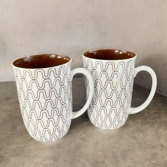 1970s FITZ & FLOYD FISHNET COFFEE MUG CUP BROWN WHITE HANDLED MUG SET 2 Pcs - Picture 2 of 13
